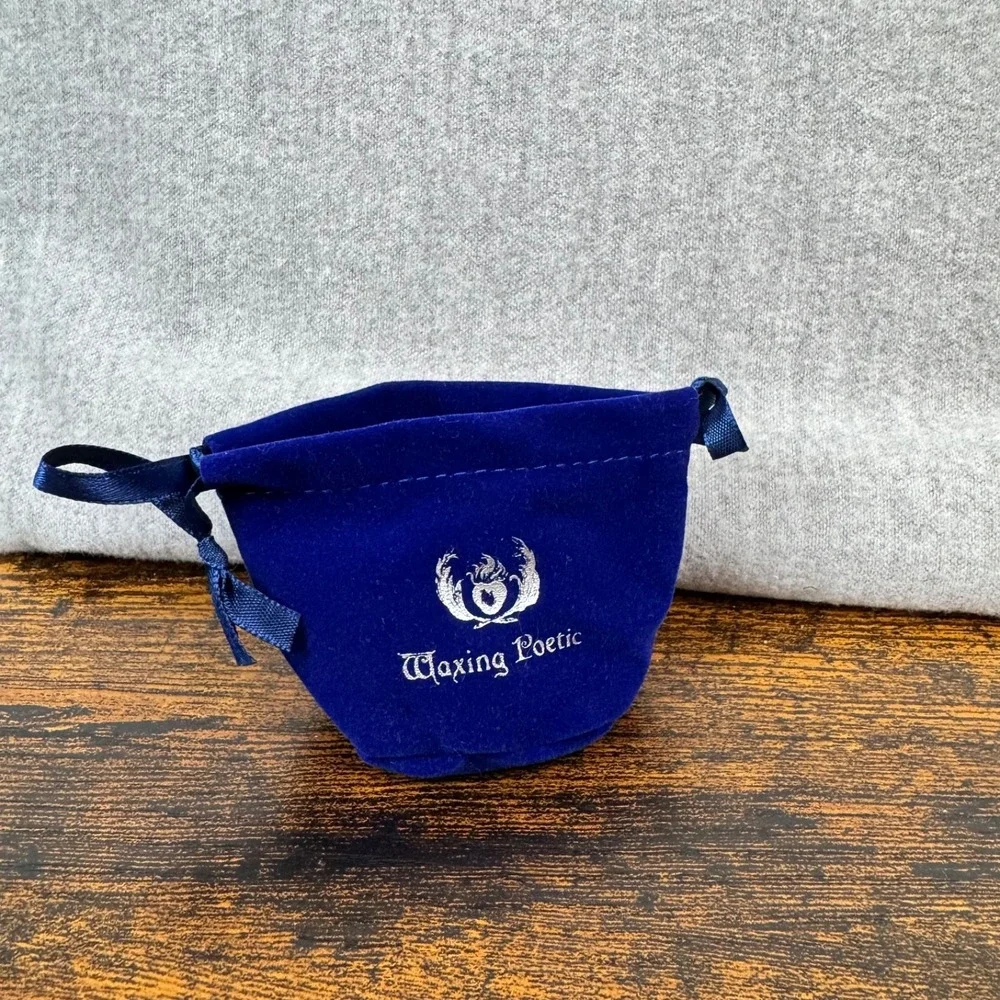 Waxing Poetic Drawstring Pouch Blue Velvet Jewelry Gift Bag Vintage Logo